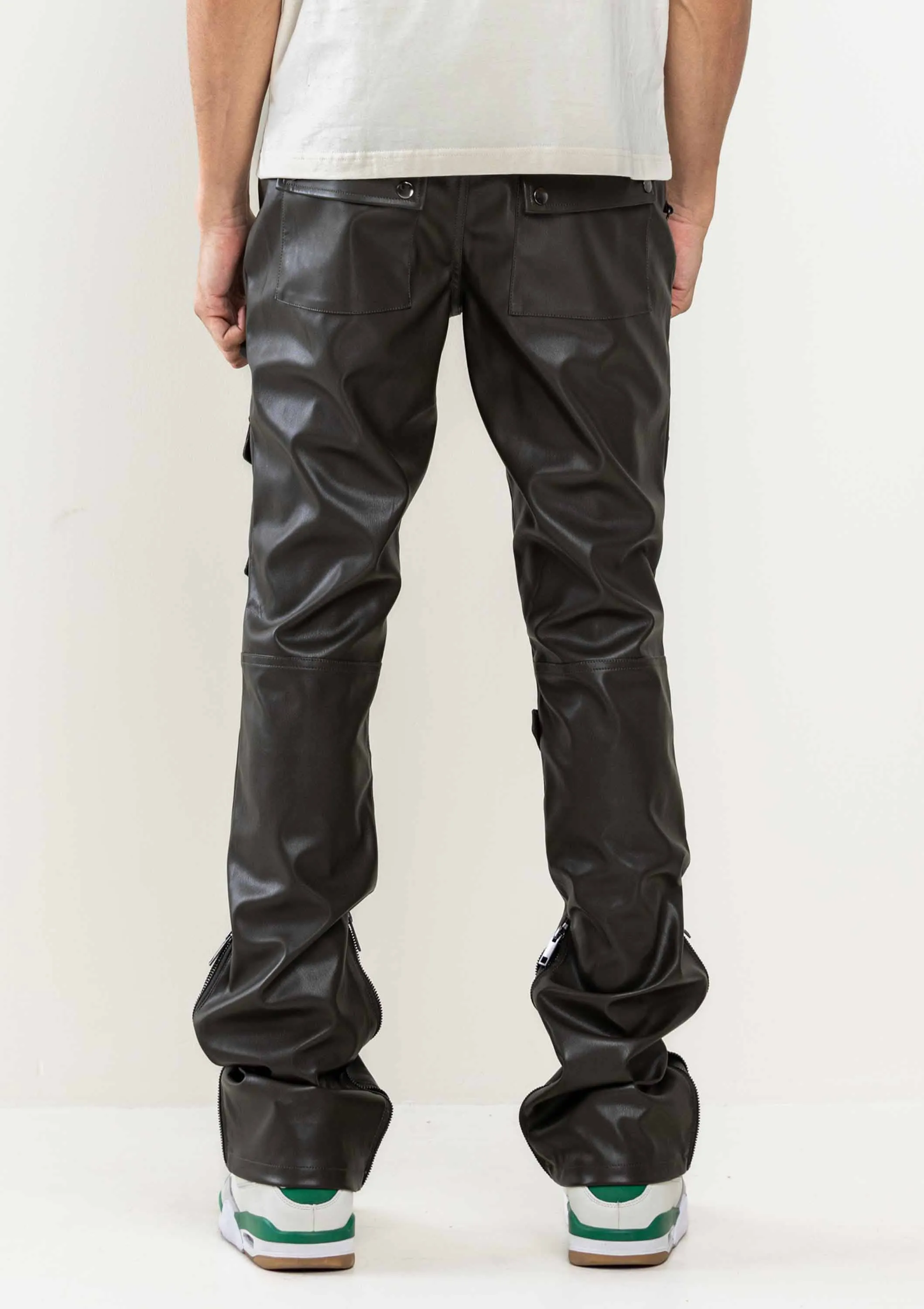 PREMIUM LEATHER MULTI CARGO STACKED  PANTS: DK Olive