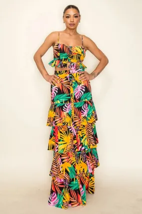 Printed Poly Challi Multi Tiered Maxi Skirt Set Black