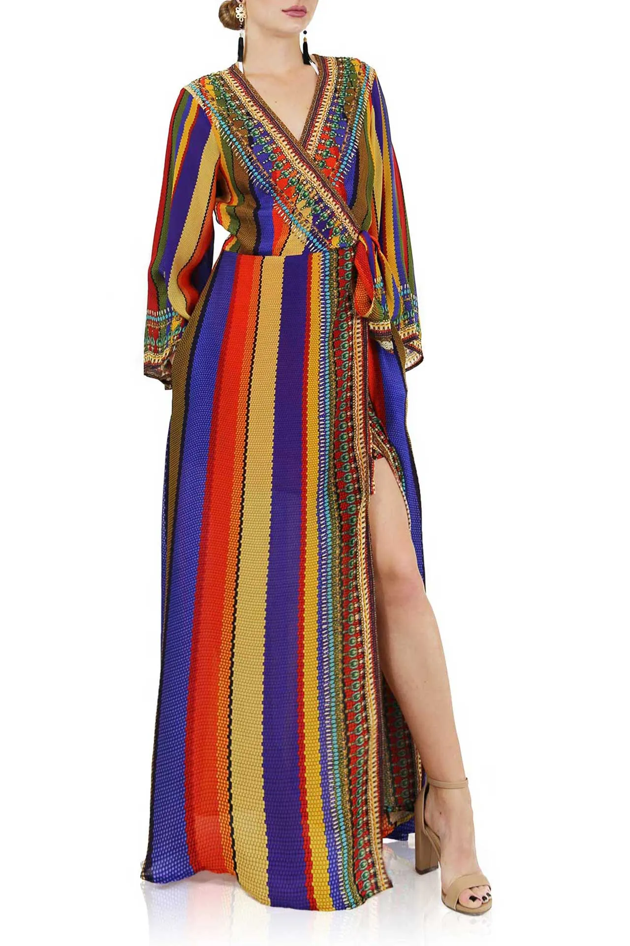 Rainbow Stripe Print Wrap Front Maxi Dress