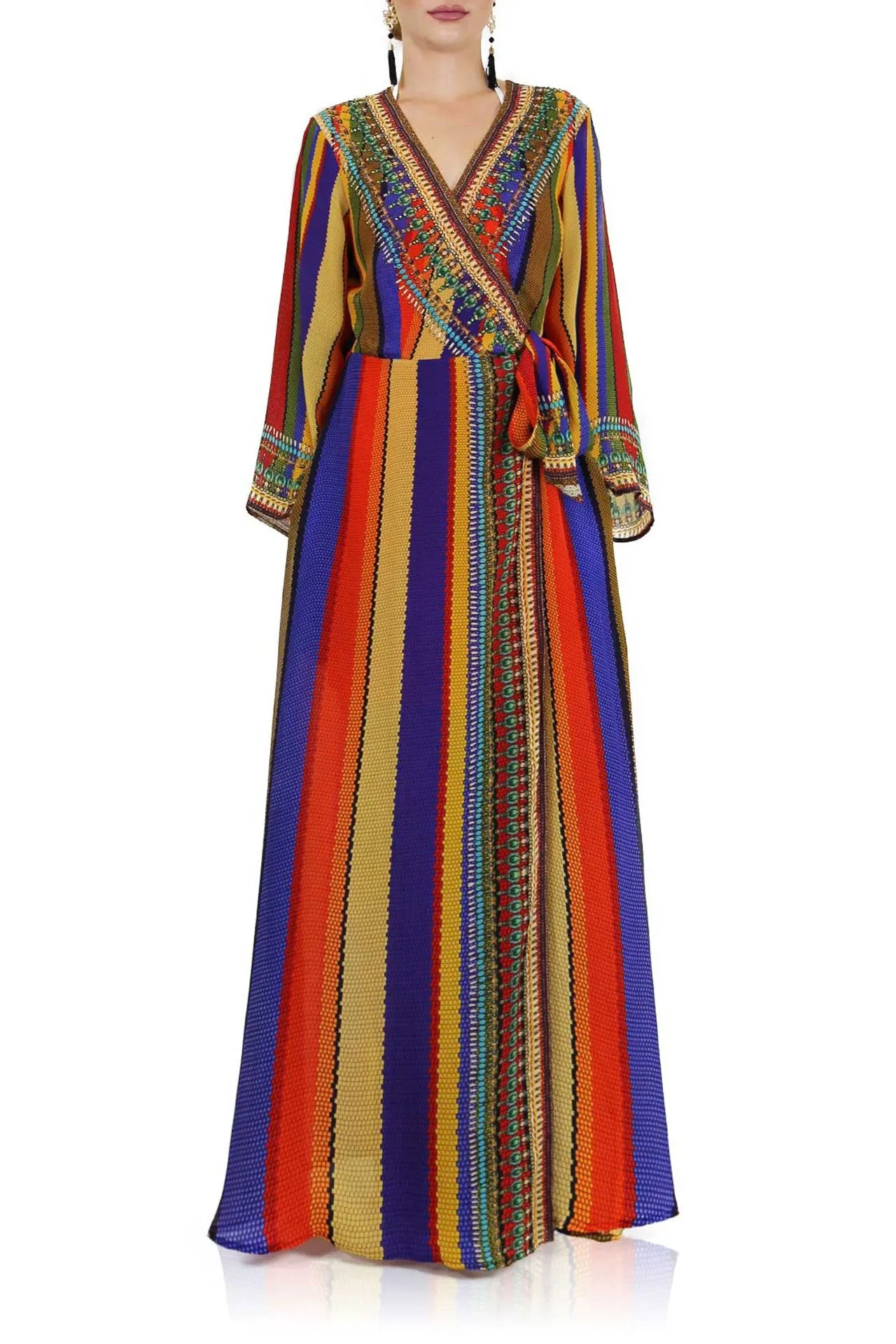 Rainbow Stripe Print Wrap Front Maxi Dress
