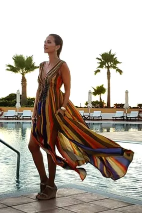 Rainbow Stripe Print Wrap Front Maxi Dress