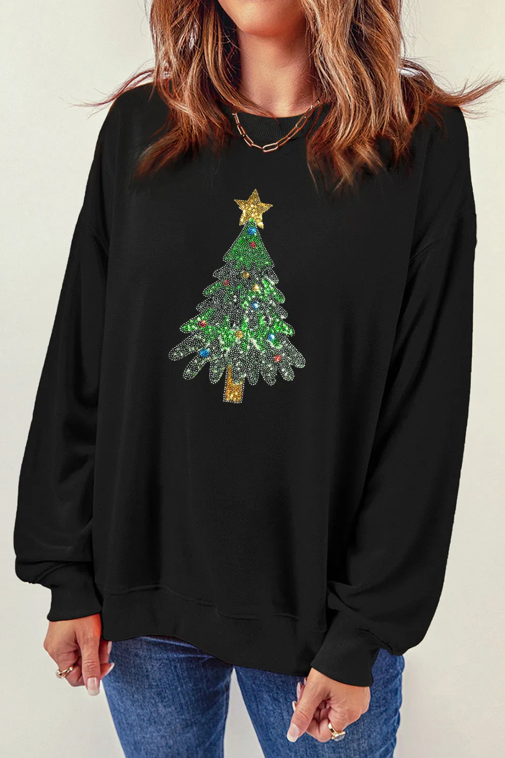 Red Christmas Tree Pattern Crewneck Pullover Sweatshirt