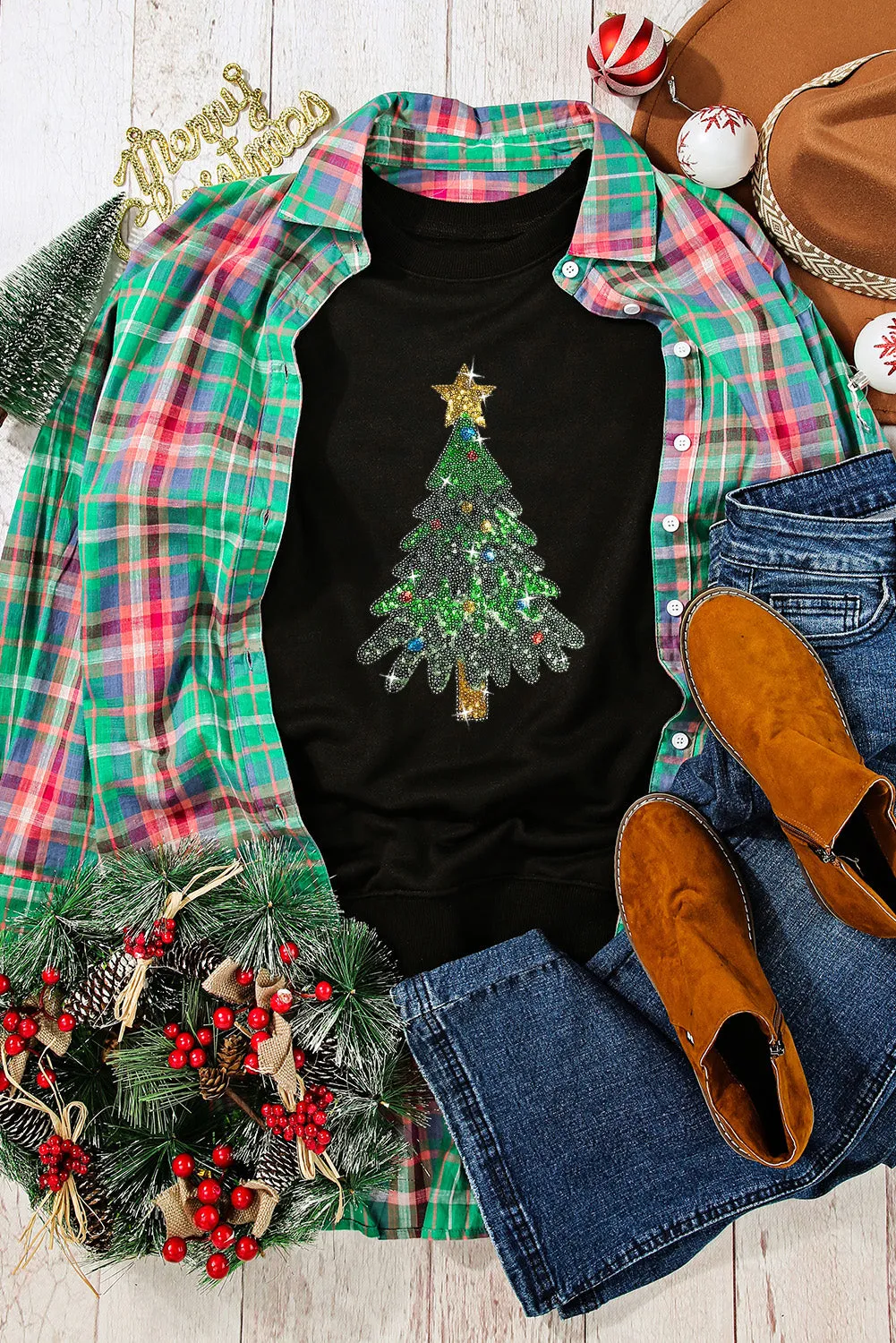 Red Christmas Tree Pattern Crewneck Pullover Sweatshirt