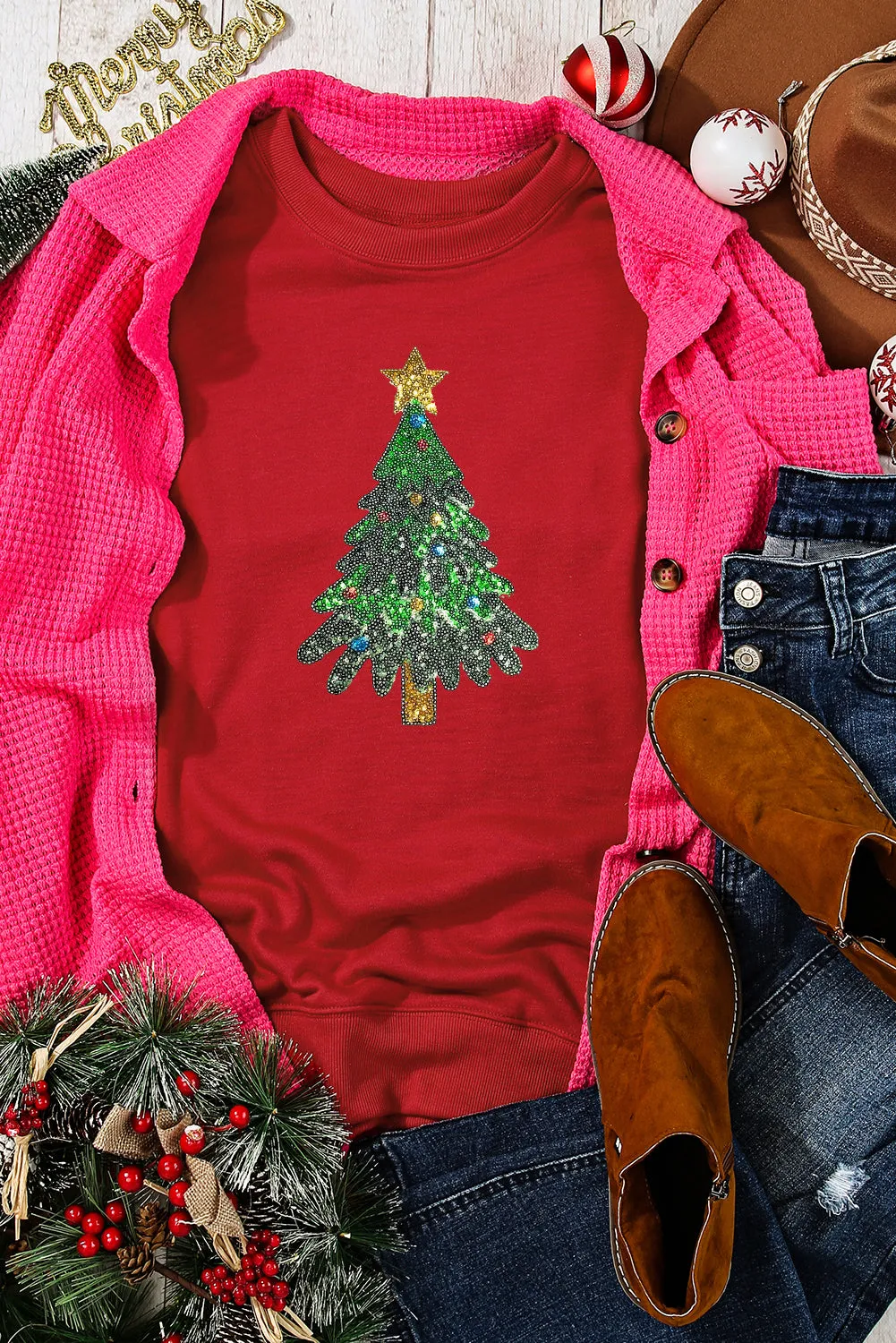 Red Christmas Tree Pattern Crewneck Pullover Sweatshirt