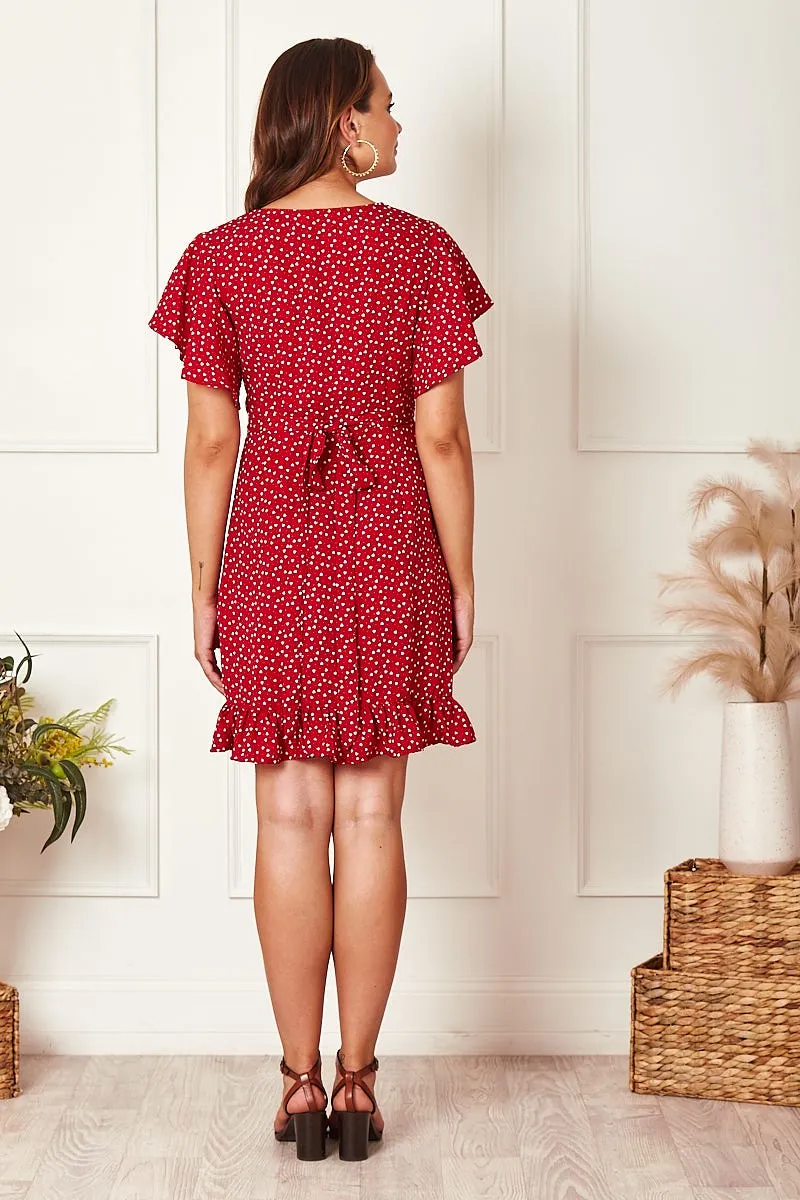 Red Heart Print Wrap Dress