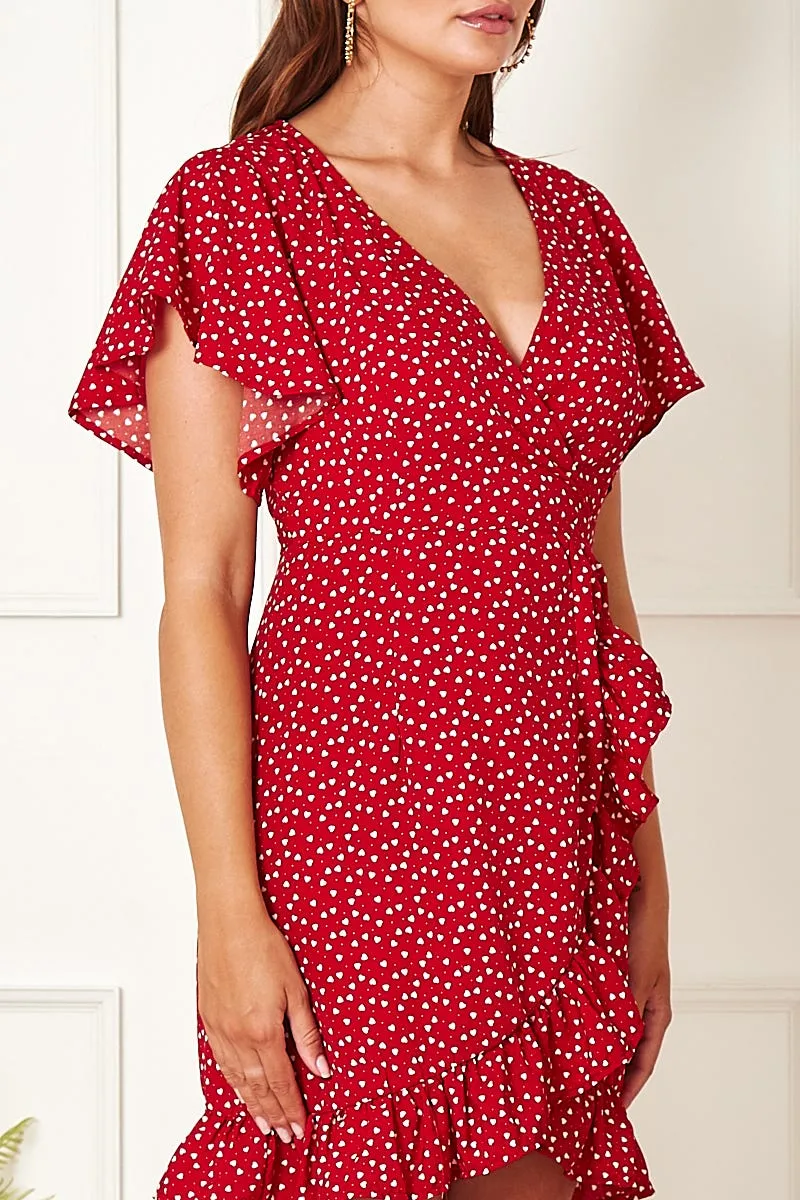 Red Heart Print Wrap Dress