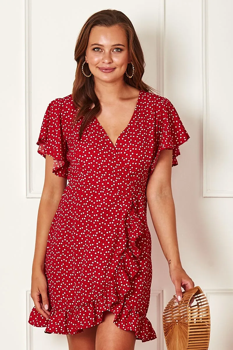Red Heart Print Wrap Dress