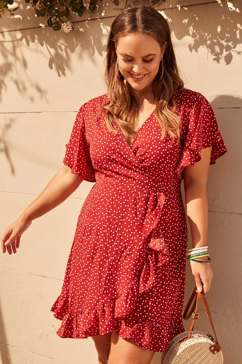 Red Heart Print Wrap Dress