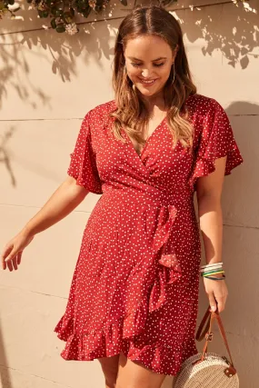 Red Heart Print Wrap Dress