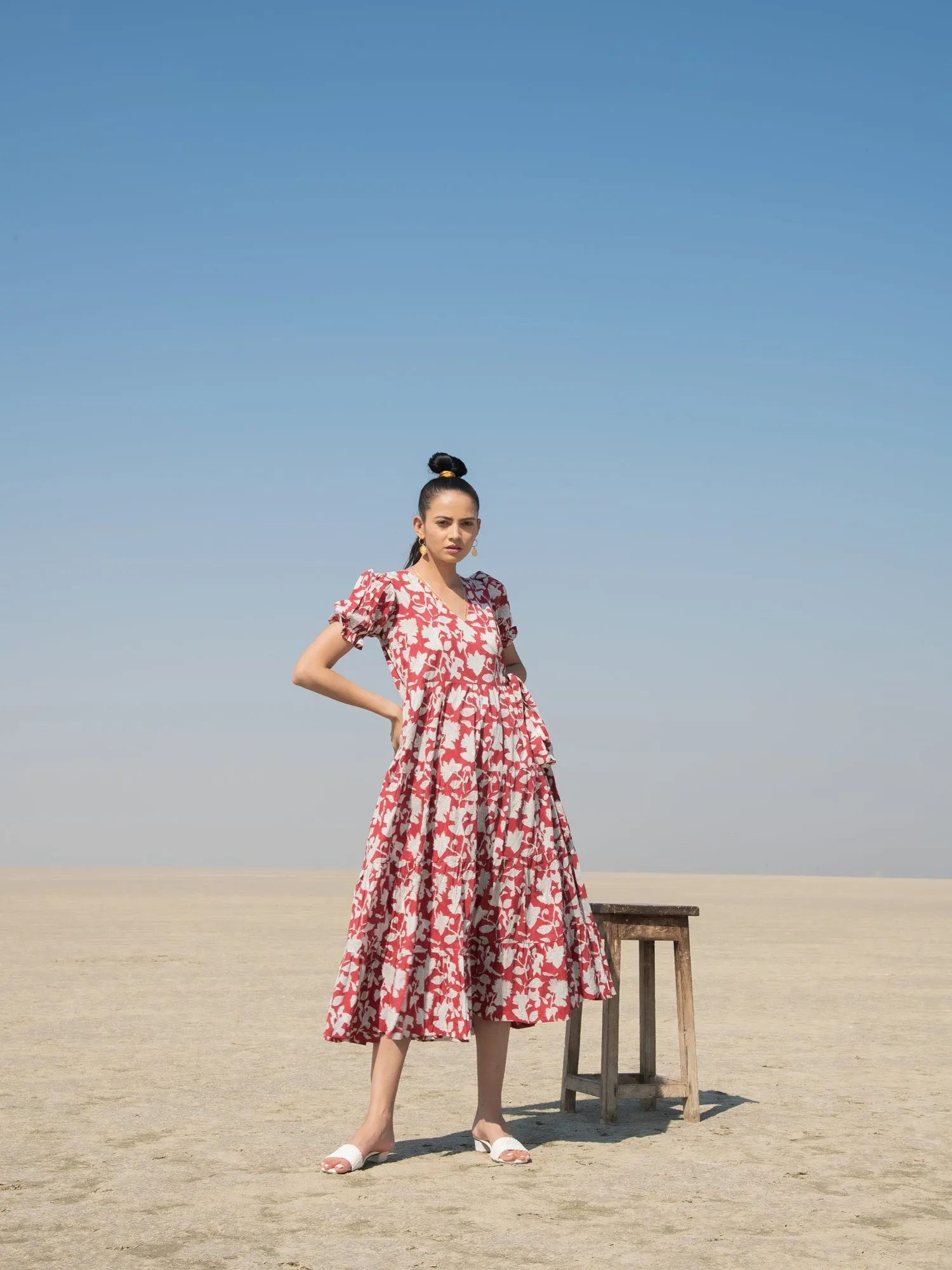 Red Lilies Tier Wrap Dress - Red Hand Block Printed Cotton Tiered Wrap Dress