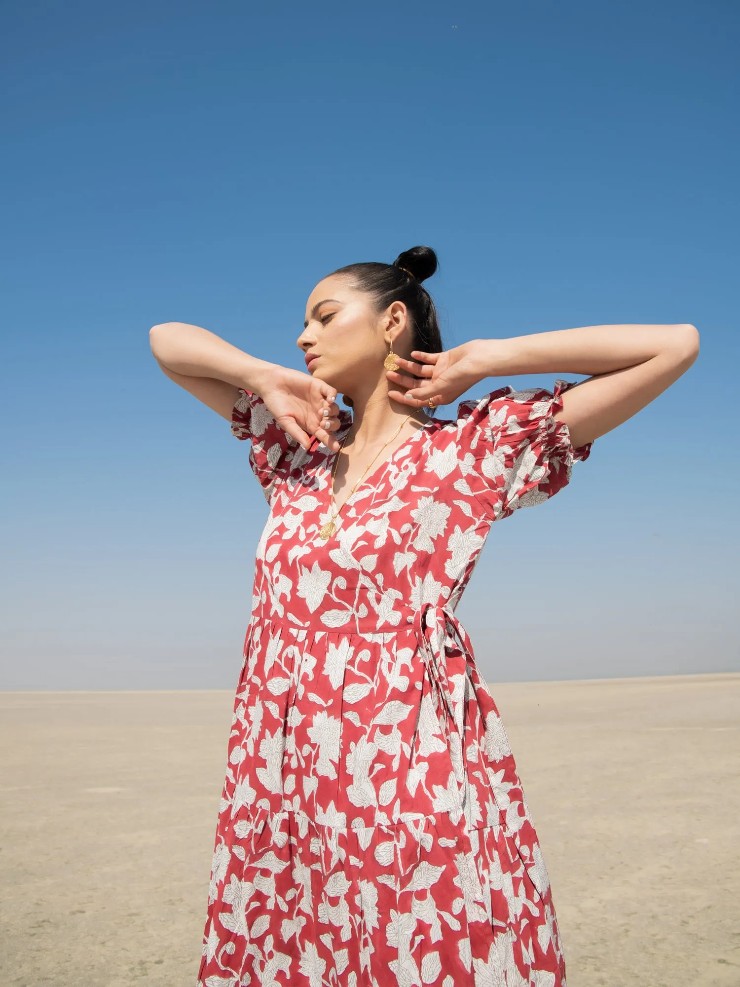 Red Lilies Tier Wrap Dress - Red Hand Block Printed Cotton Tiered Wrap Dress