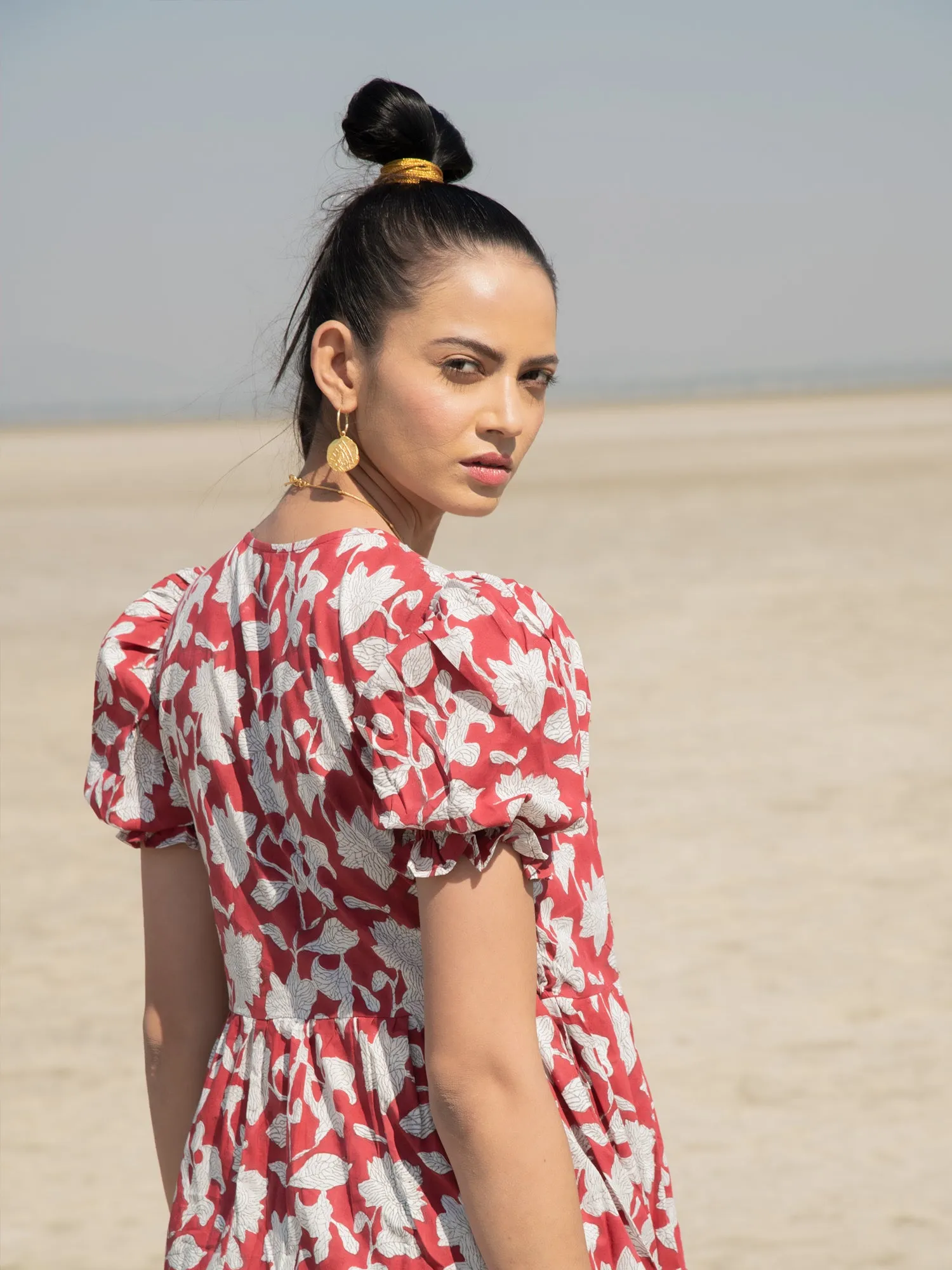 Red Lilies Tier Wrap Dress - Red Hand Block Printed Cotton Tiered Wrap Dress