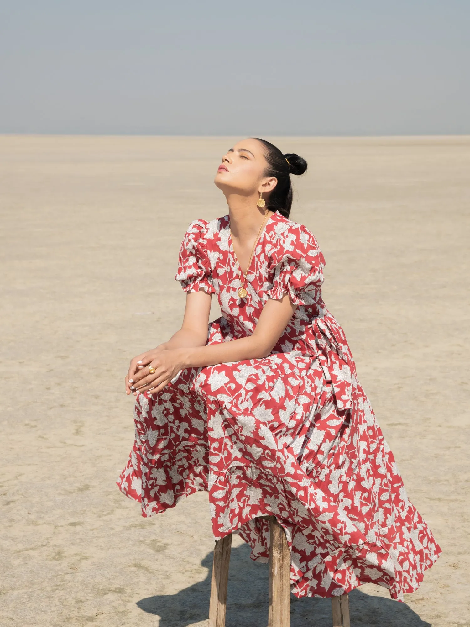 Red Lilies Tier Wrap Dress - Red Hand Block Printed Cotton Tiered Wrap Dress