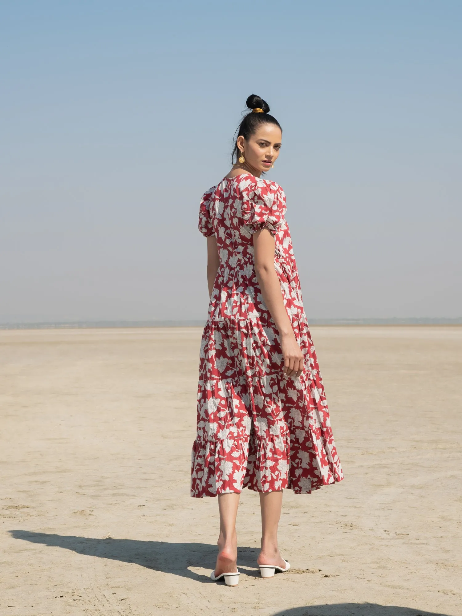 Red Lilies Tier Wrap Dress - Red Hand Block Printed Cotton Tiered Wrap Dress