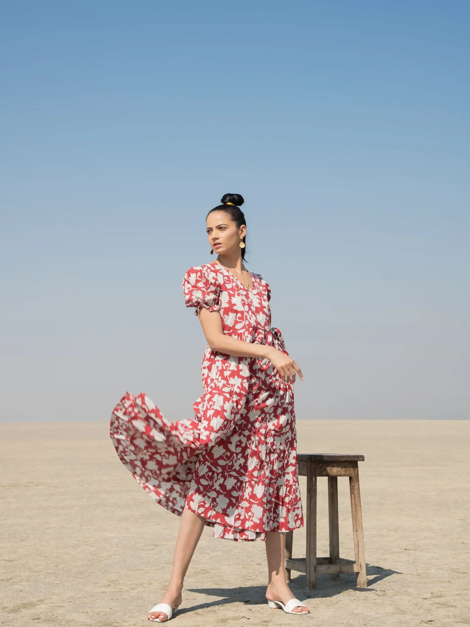 Red Lilies Tier Wrap Dress - Red Hand Block Printed Cotton Tiered Wrap Dress