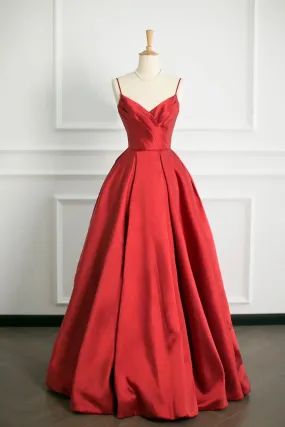 Red V-Neck Satin Long A-Line Prom Dress, Simple A-Line Backless Evening Party Dress