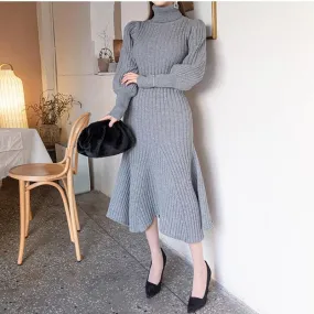 Retro Lantern Sleeve High Neck Slim Wrap Hip Curve Big Mermaid Dress