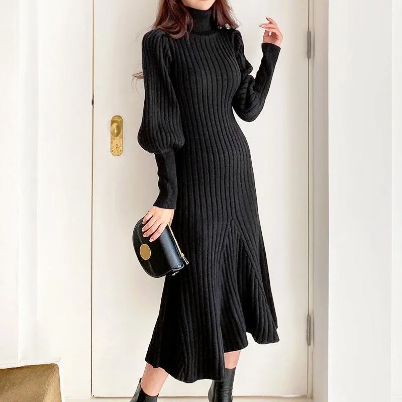 Retro Lantern Sleeve High Neck Slim Wrap Hip Curve Big Mermaid Dress