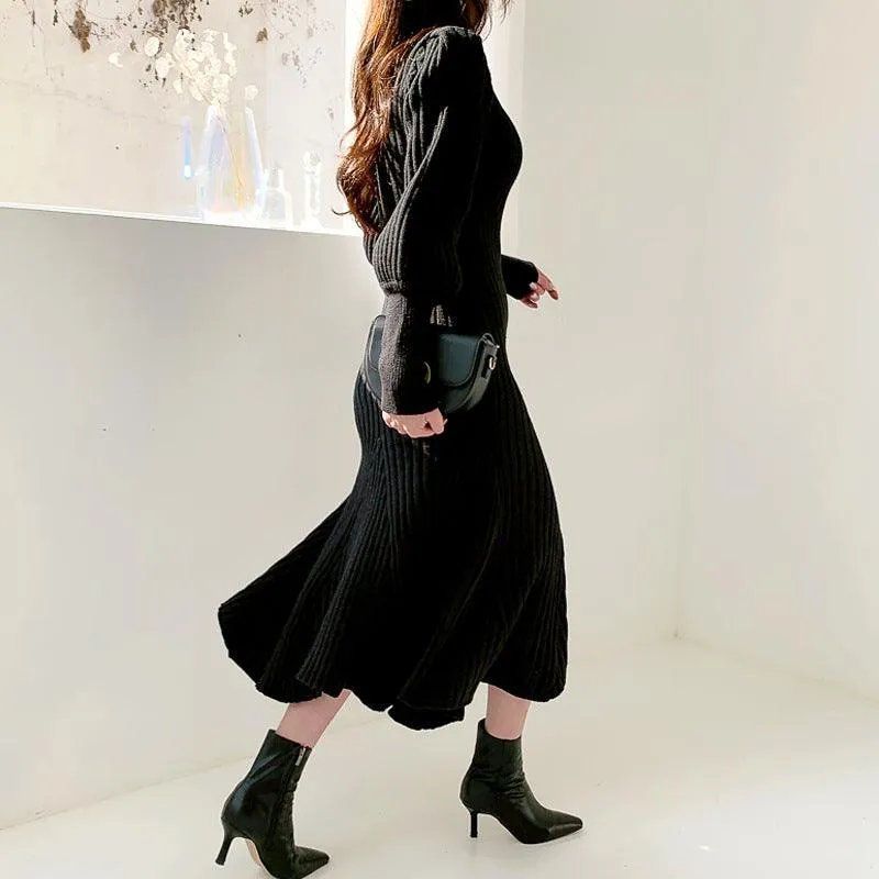 Retro Lantern Sleeve High Neck Slim Wrap Hip Curve Big Mermaid Dress