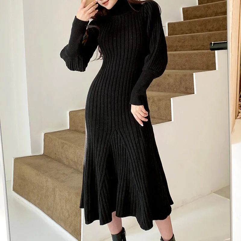 Retro Lantern Sleeve High Neck Slim Wrap Hip Curve Big Mermaid Dress