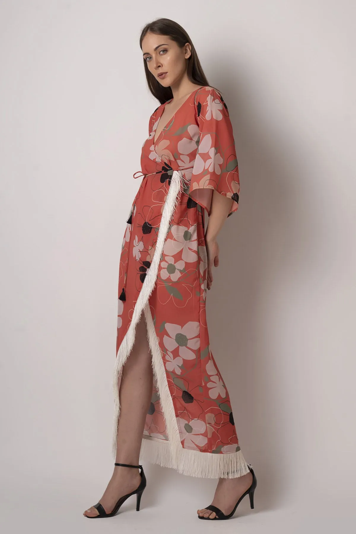 Rust Orange Floral Wrap Dress