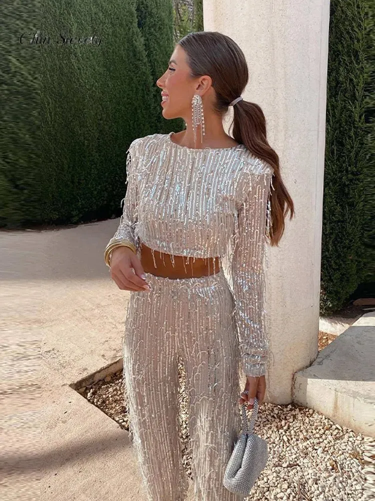 Sequined Crop Top and Pant Set
