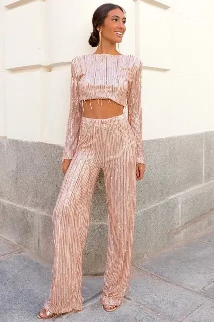 Sequined Crop Top and Pant Set