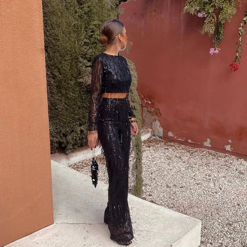 Sequined Crop Top and Pant Set