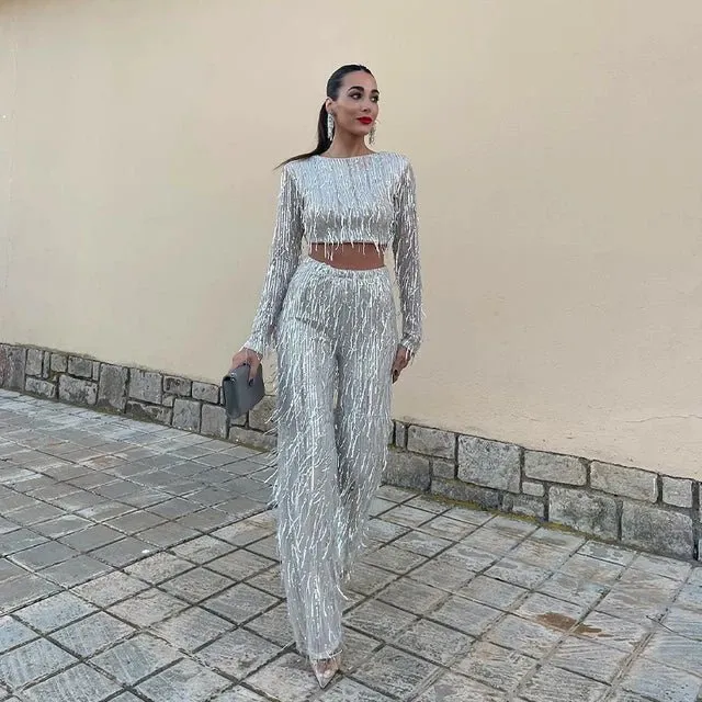 Sequined Crop Top and Pant Set