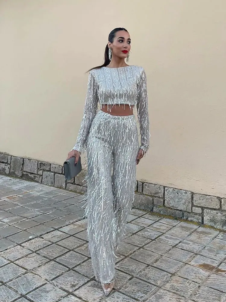 Sequined Crop Top and Pant Set