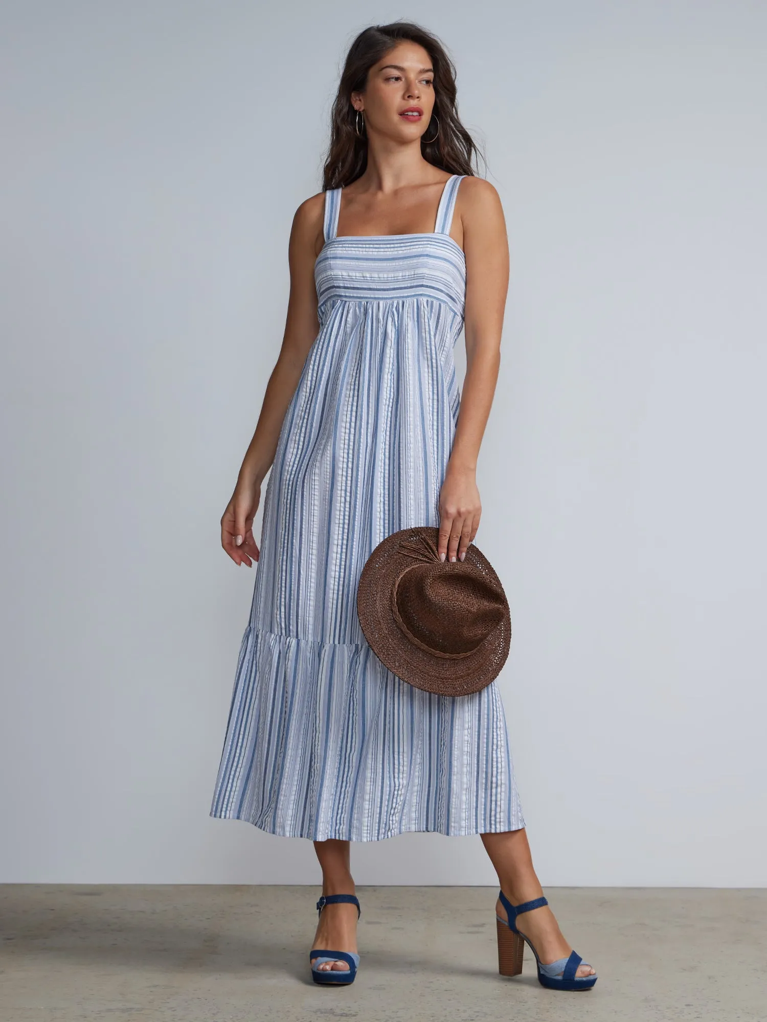 Sleeveless Square Neck Striped Tiered Maxi Dress