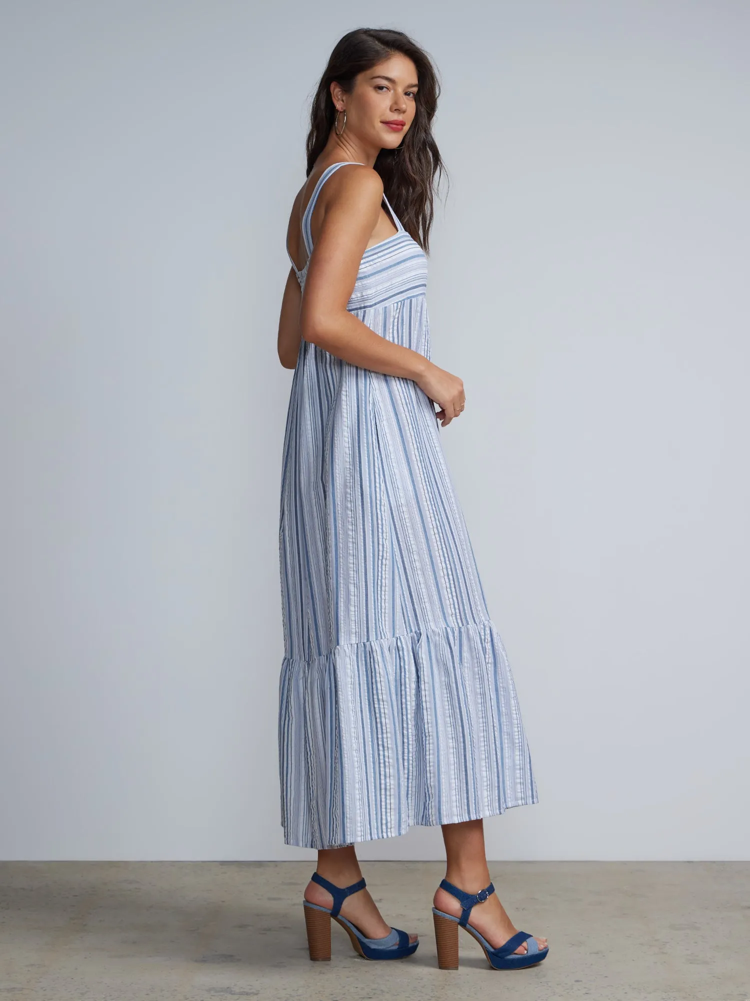 Sleeveless Square Neck Striped Tiered Maxi Dress