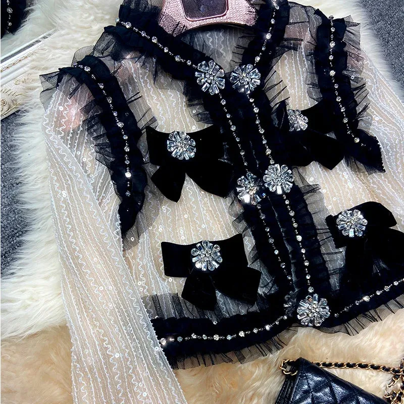 Socialite Heavy Beads Rhinestone Sequins Bow Mesh Short Coat