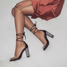 Sparkly Rhinestone Open Toe Chunky Heel Wrap Tie Sandals - Black