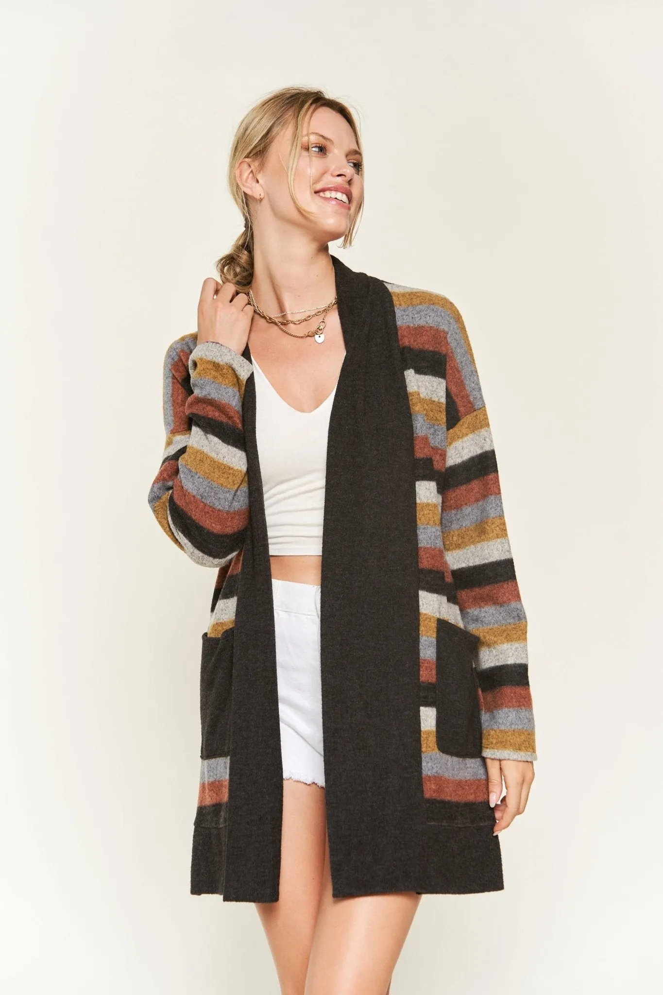Striped Long Sleeve Cardigan in Multi-Color
