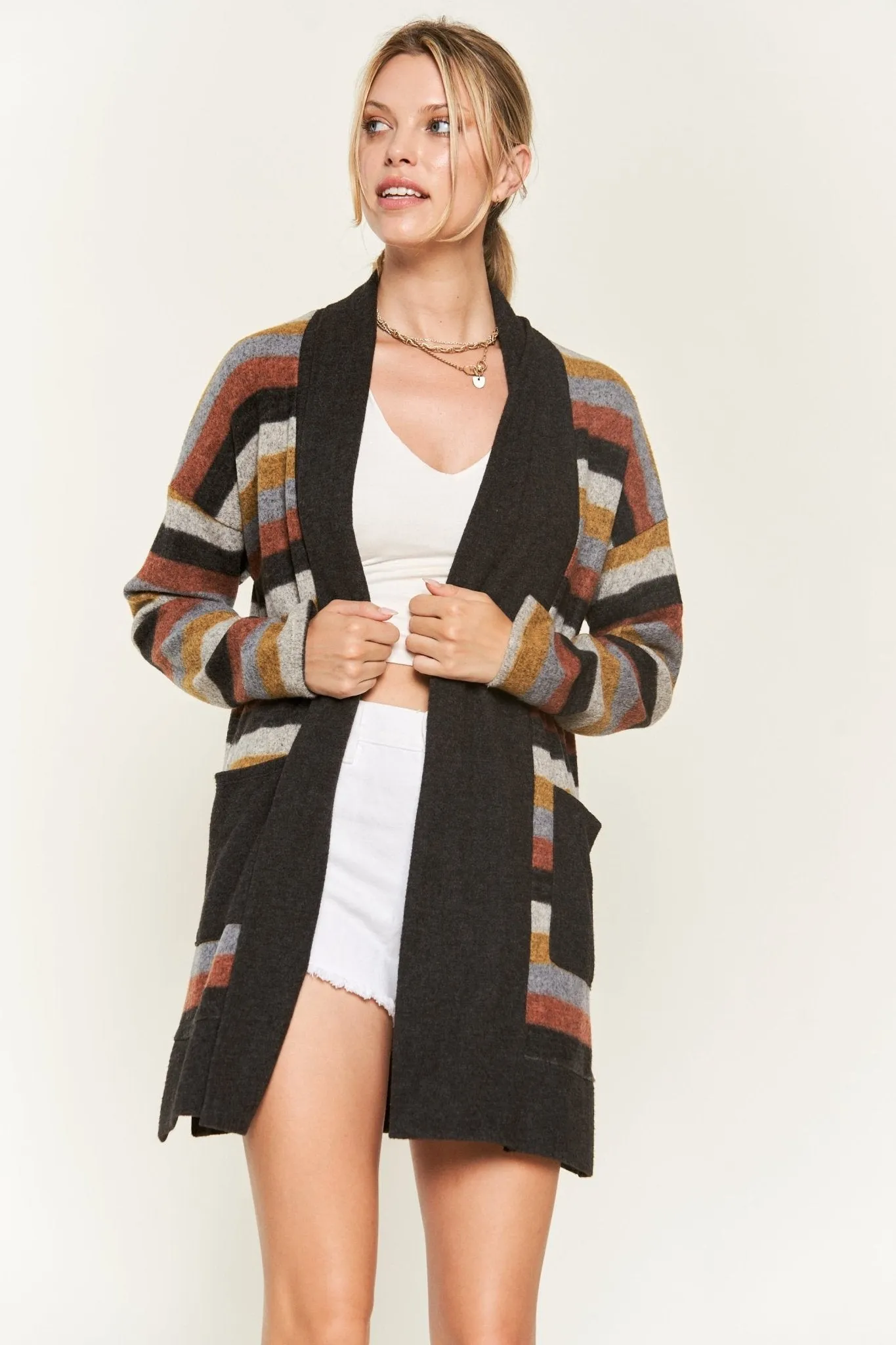 Striped Long Sleeve Cardigan in Multi-Color