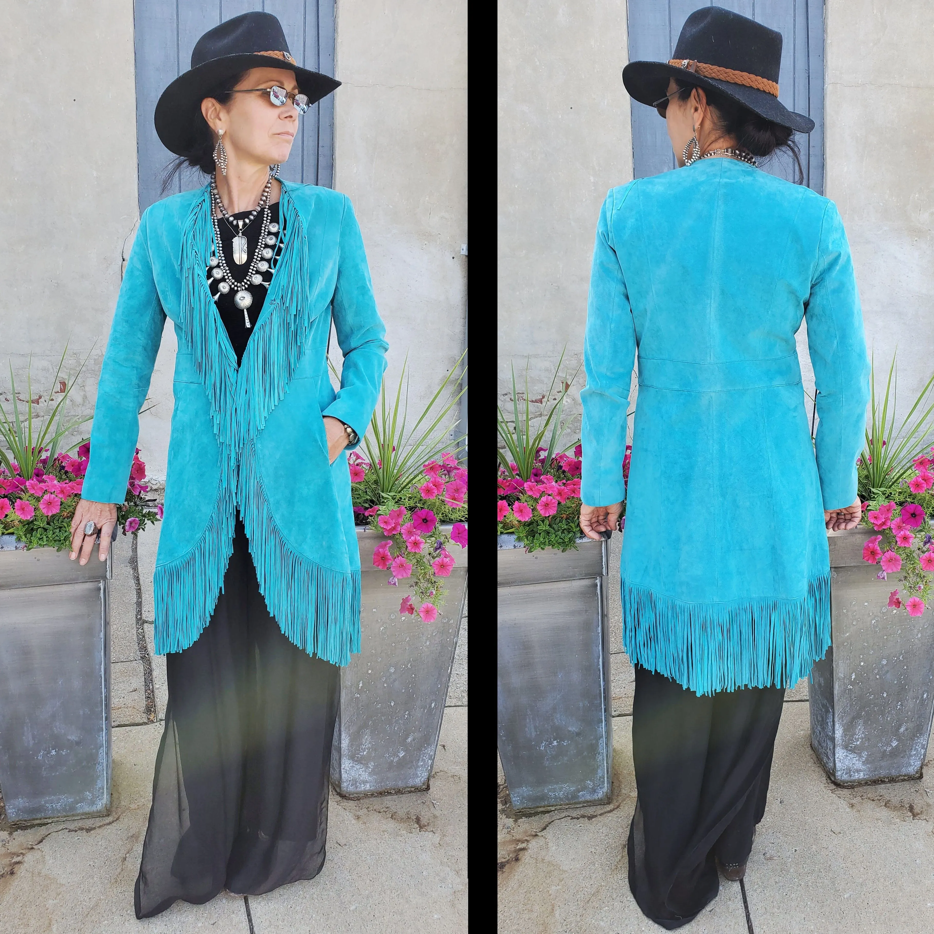 Suede Fringed Coat - Turquoise - Scully - JSY2T