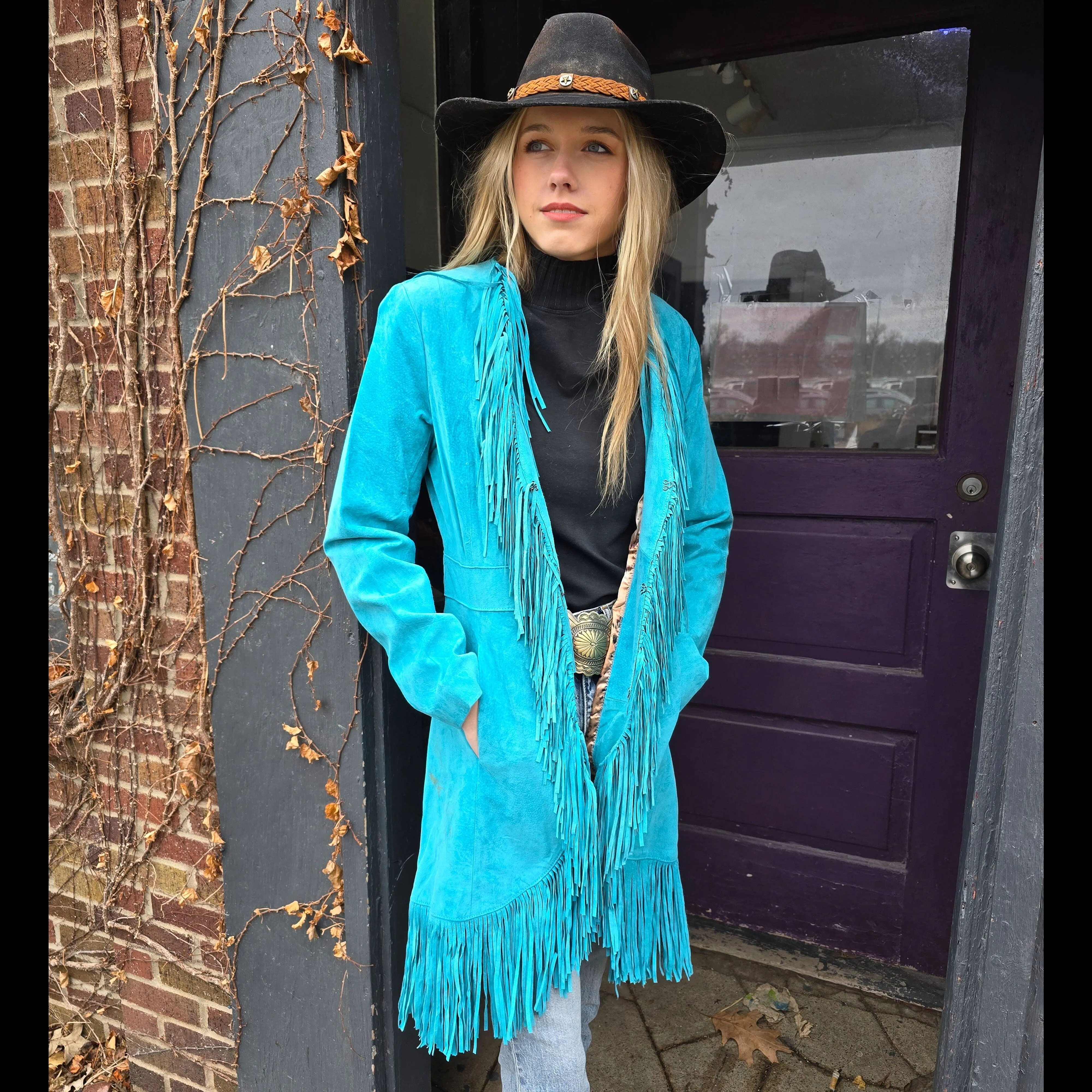 Suede Fringed Coat - Turquoise - Scully - JSY2T