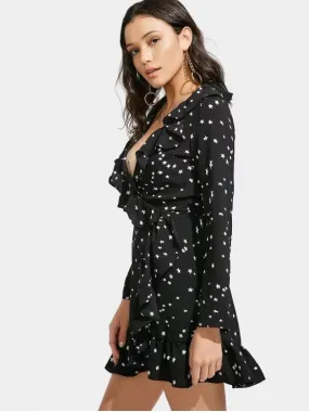 TastyHottie - Stunning Star Print Ruffle Hem Plunge Wrap Dress