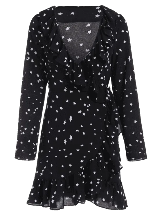 TastyHottie - Stunning Star Print Ruffle Hem Plunge Wrap Dress