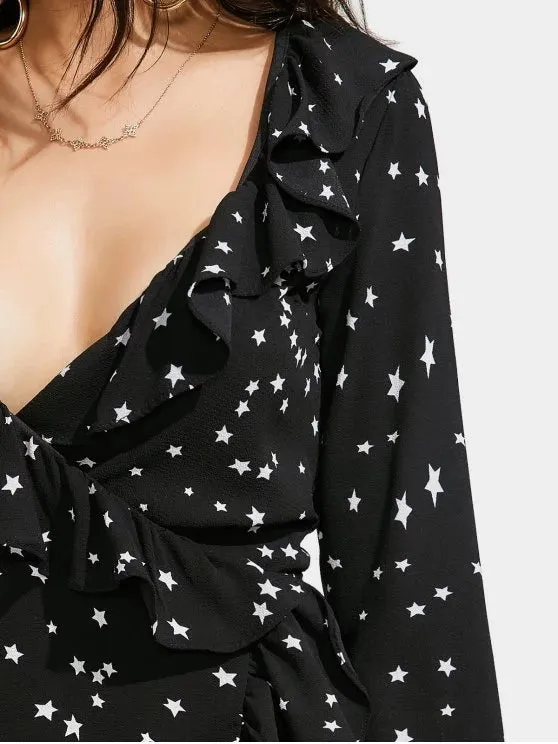 TastyHottie - Stunning Star Print Ruffle Hem Plunge Wrap Dress