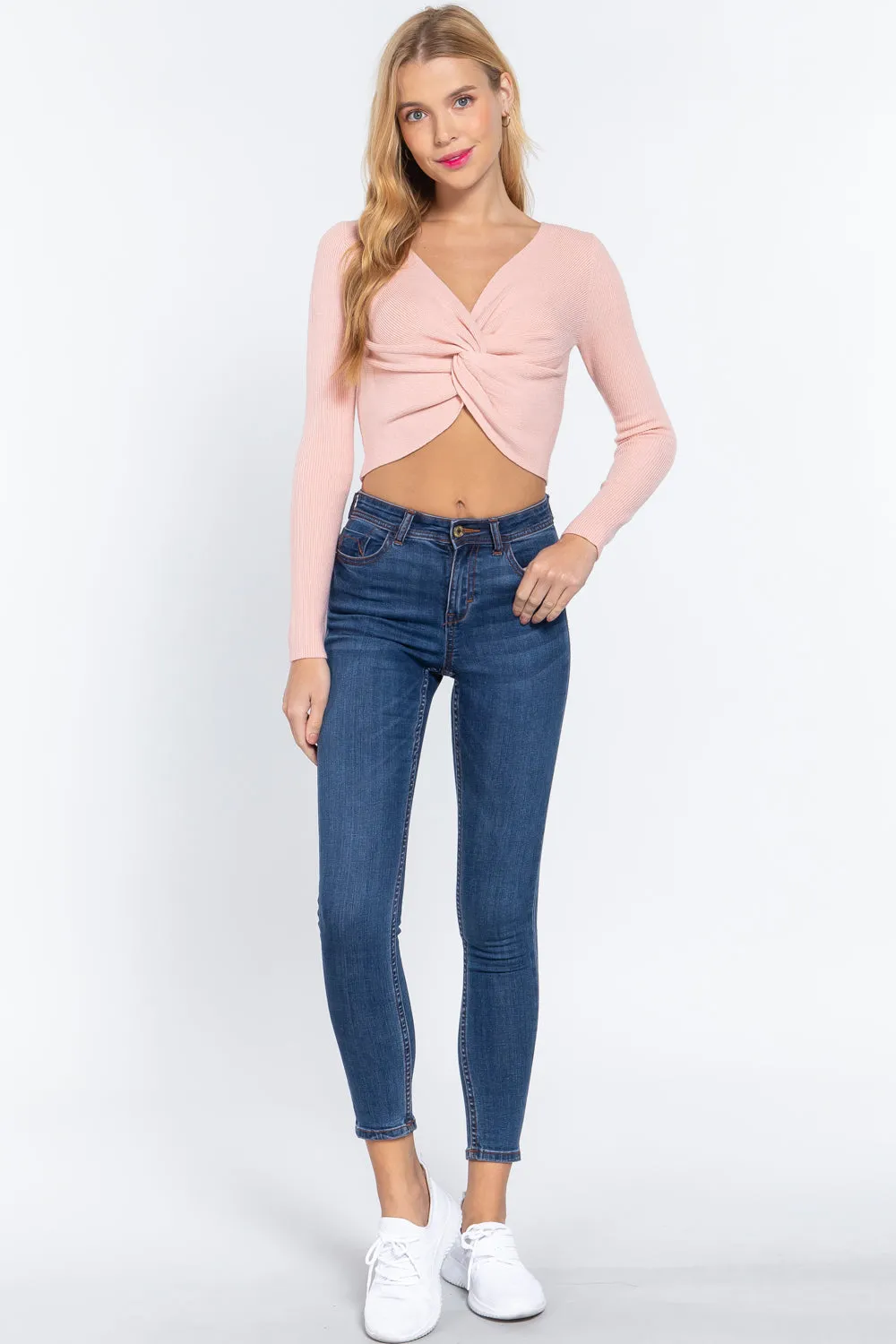 V-Neck Front Knotted Crop Sweater