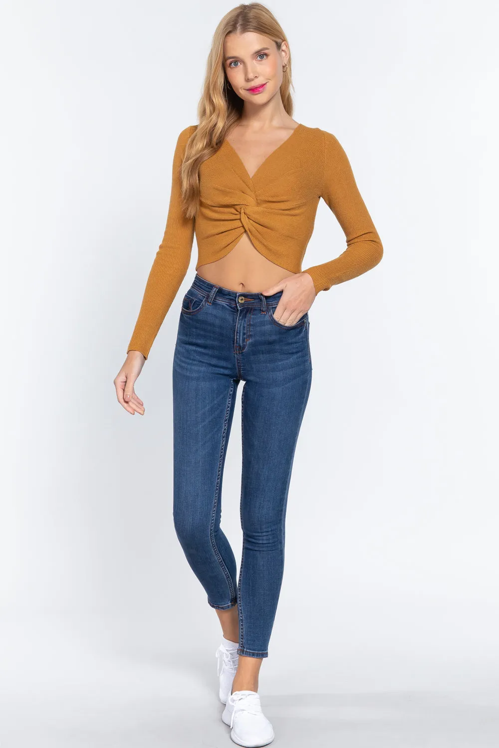 V-Neck Front Knotted Crop Sweater