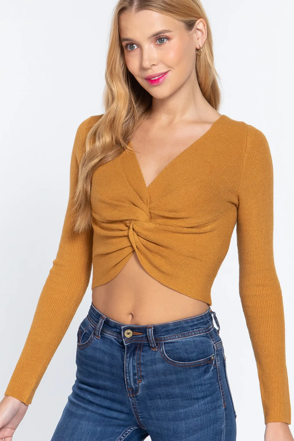 V-Neck Front Knotted Crop Sweater