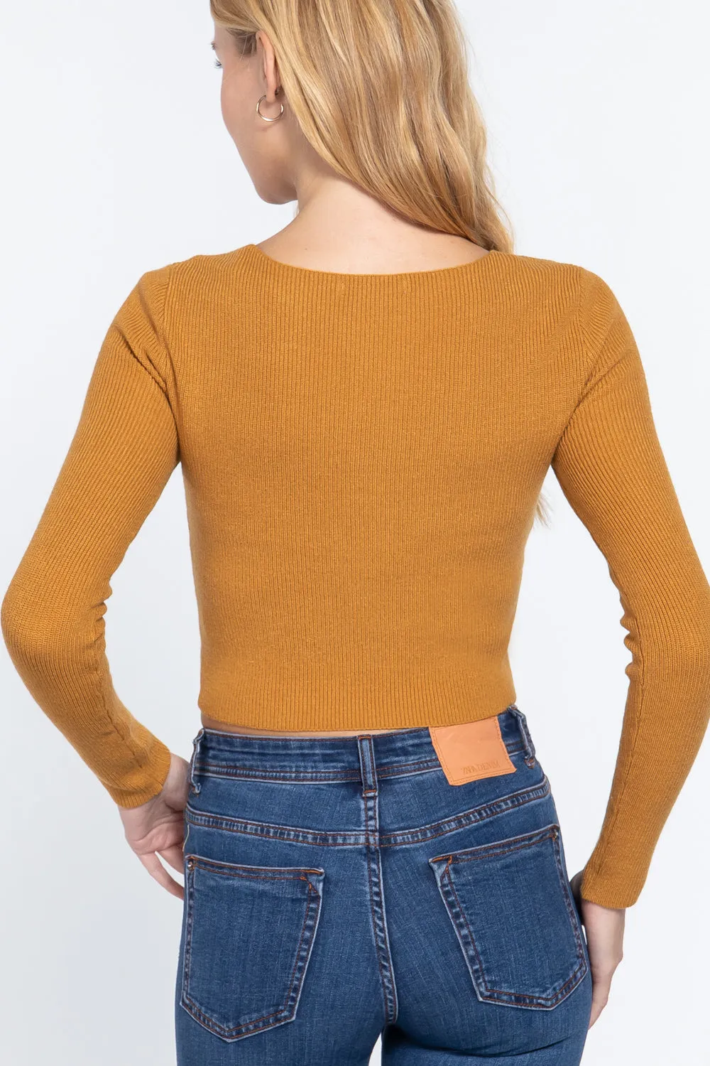 V-Neck Front Knotted Crop Sweater