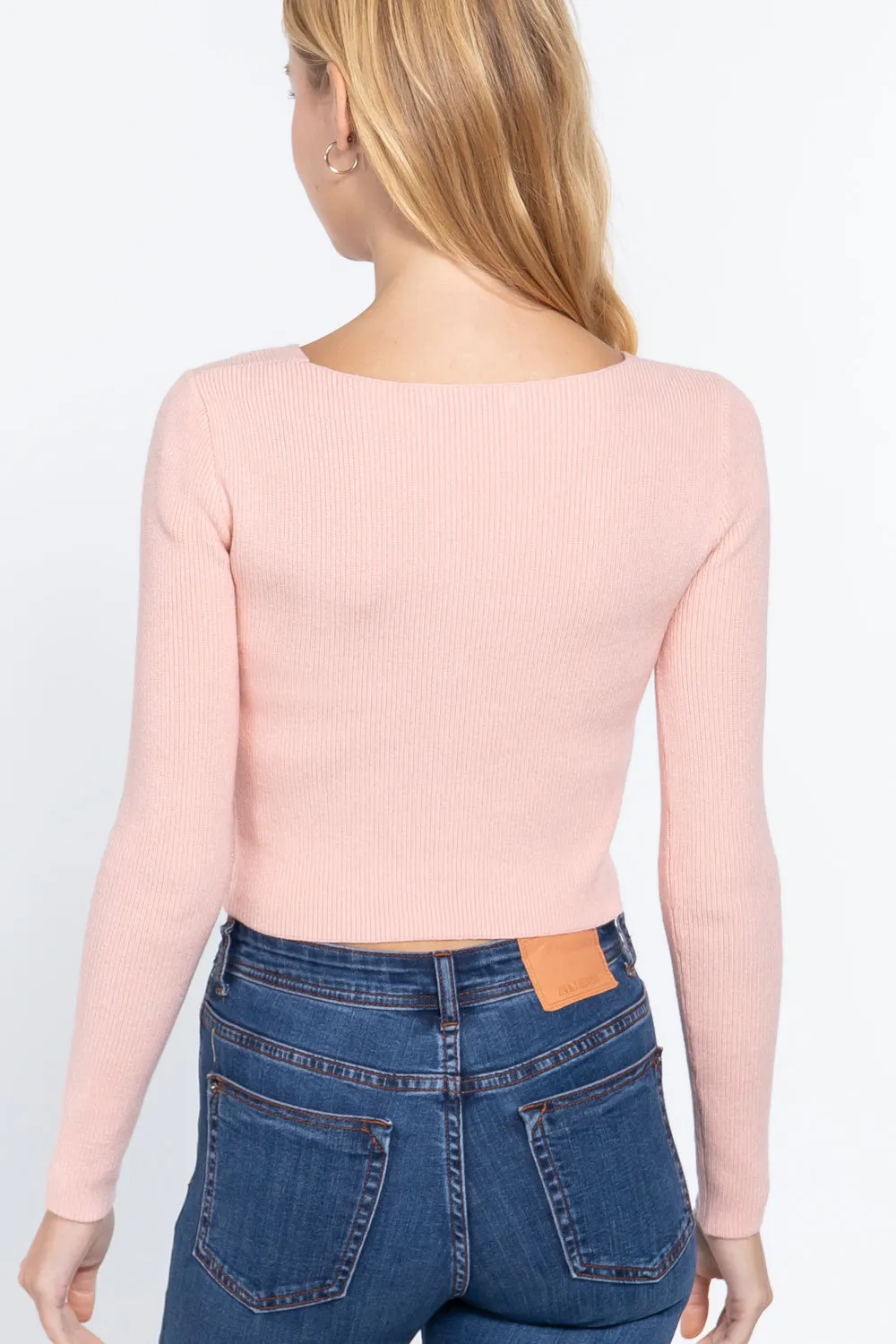 V-Neck Front Knotted Crop Sweater