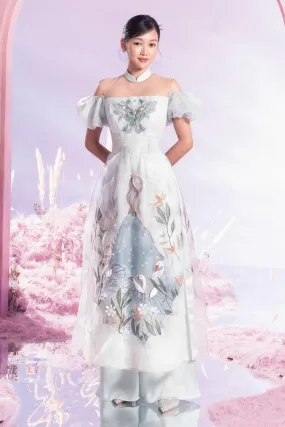 Vivify Fitted Cold Shoulder Sleeved Organza Long Length Ao Dai