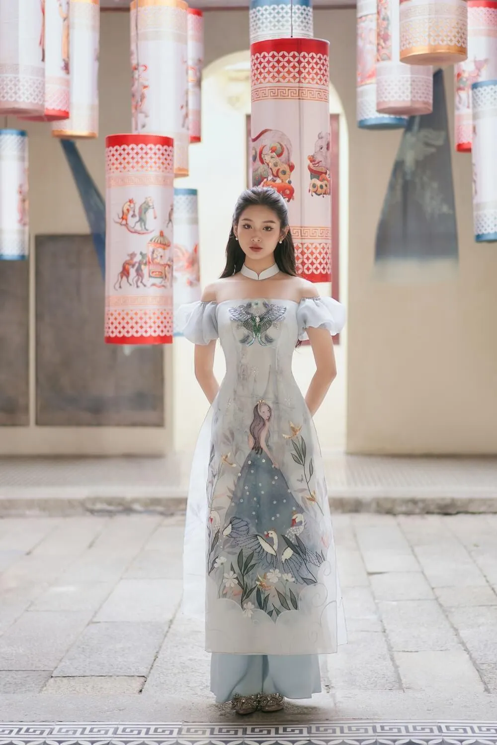 Vivify Fitted Cold Shoulder Sleeved Organza Long Length Ao Dai