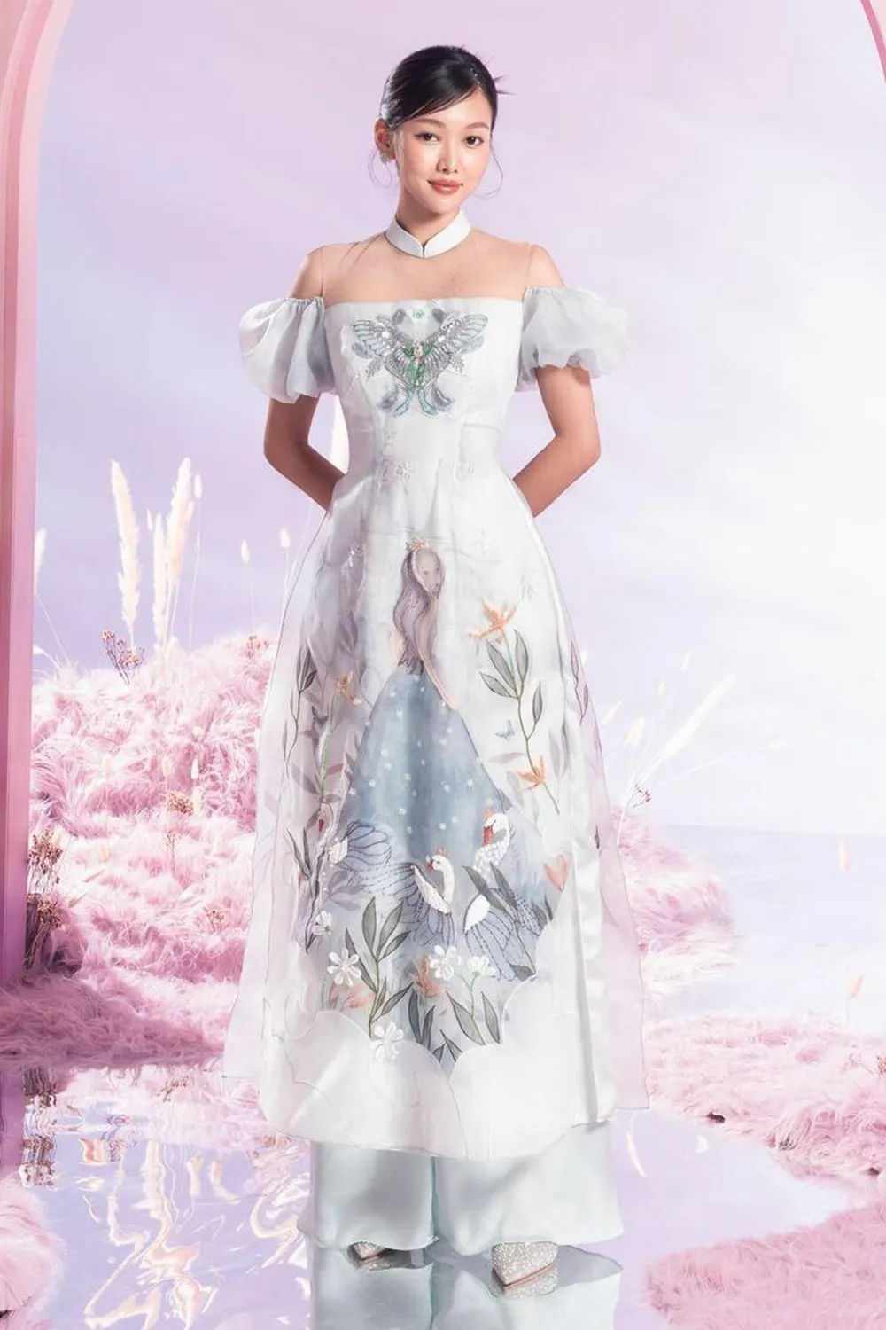 Vivify Fitted Cold Shoulder Sleeved Organza Long Length Ao Dai