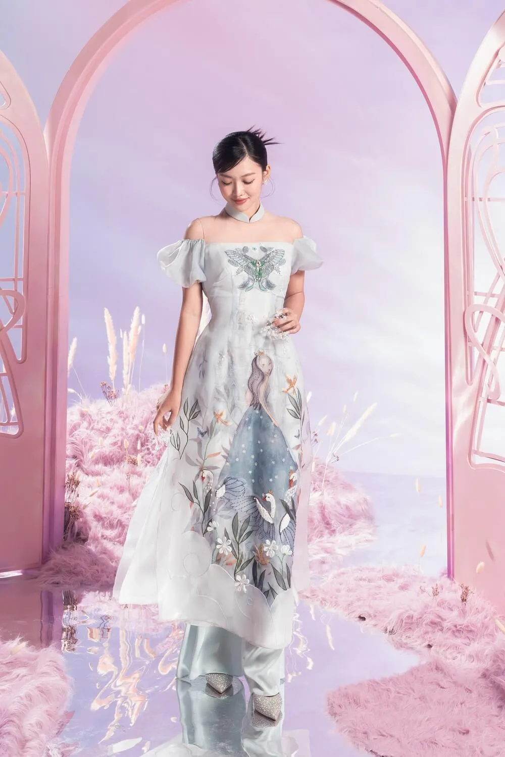 Vivify Fitted Cold Shoulder Sleeved Organza Long Length Ao Dai